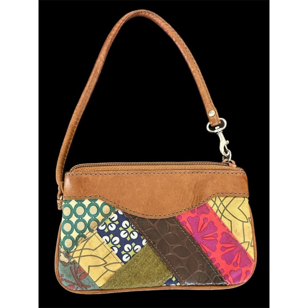 Fossil Patchwork Wristlet Leather Retro Pouch Tiny Handbag With Strap